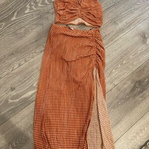 Zara Orange Checkered Midi Skirt